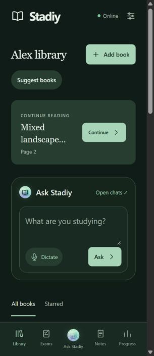 Stadiy library with a continue reading button and Ask Stadiy space